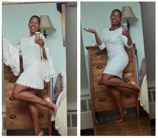 Nadine models two white dresses for her wedding