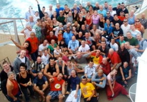A photo from above of a group on a ship