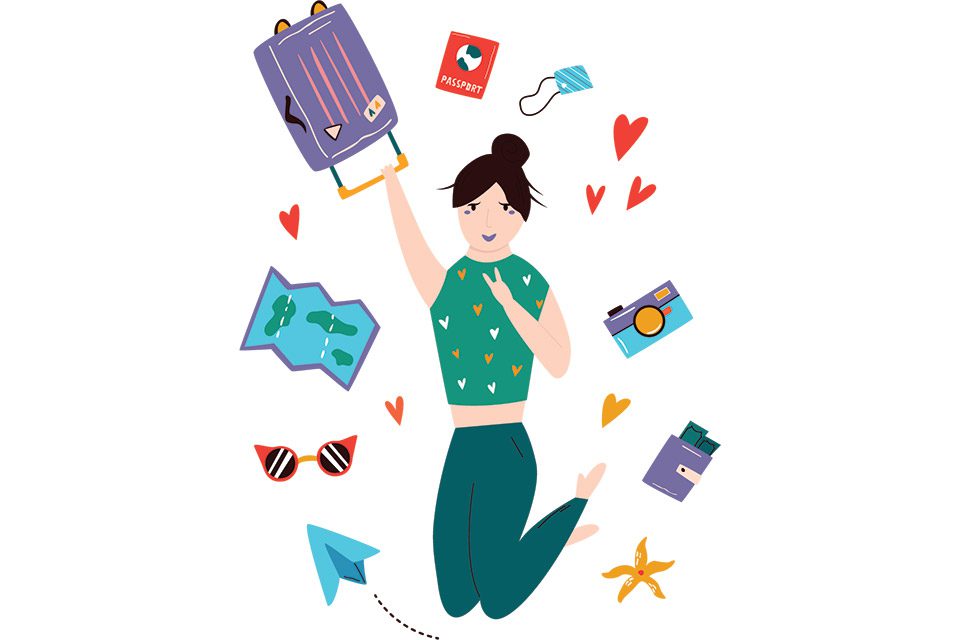 Illustration of happy woman with suticase and belongings