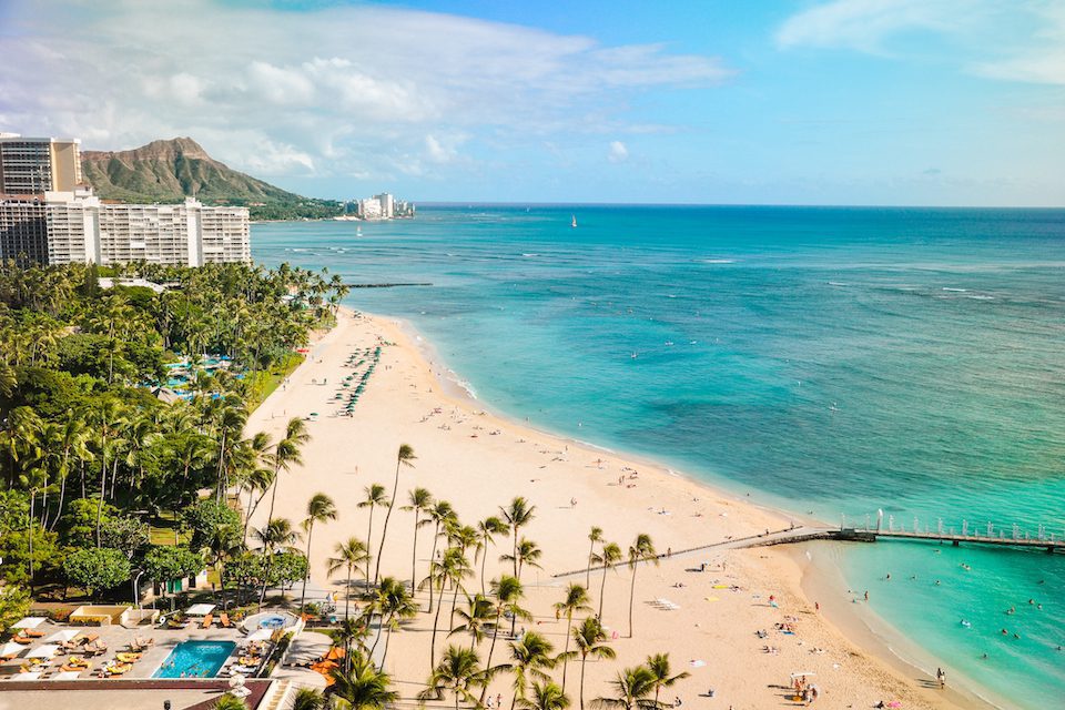 A view of the shoreline along Waikiki Beach, Hawaii