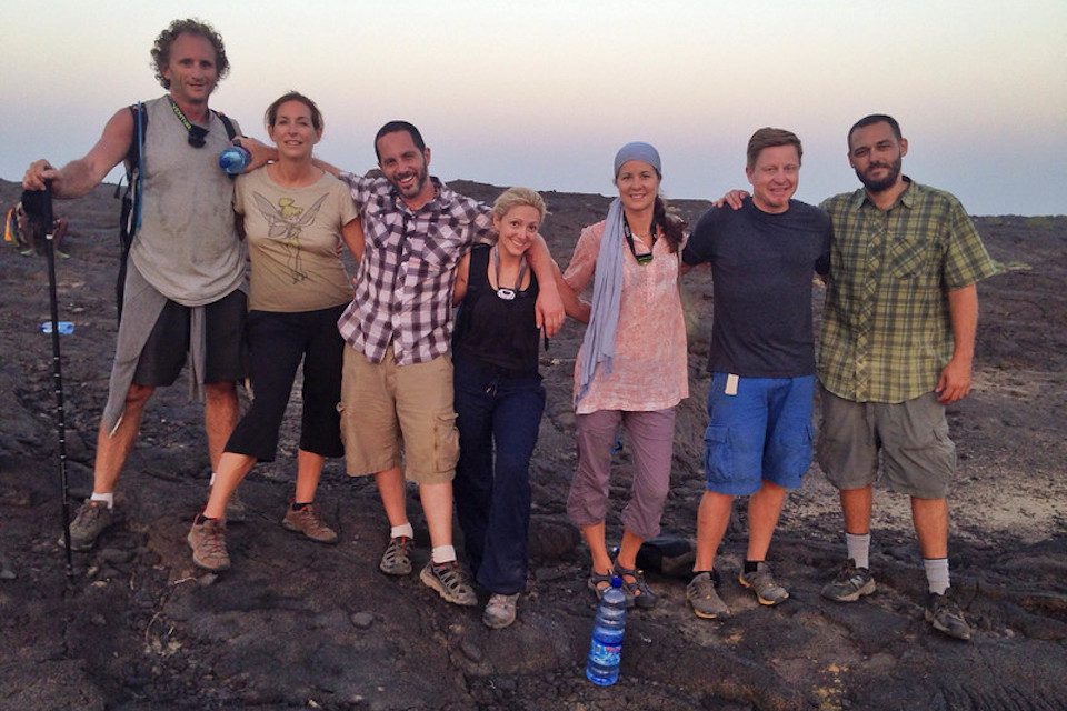 Me (centre) with my tribe of travellers after our hike back down from active volcano Erta Ale