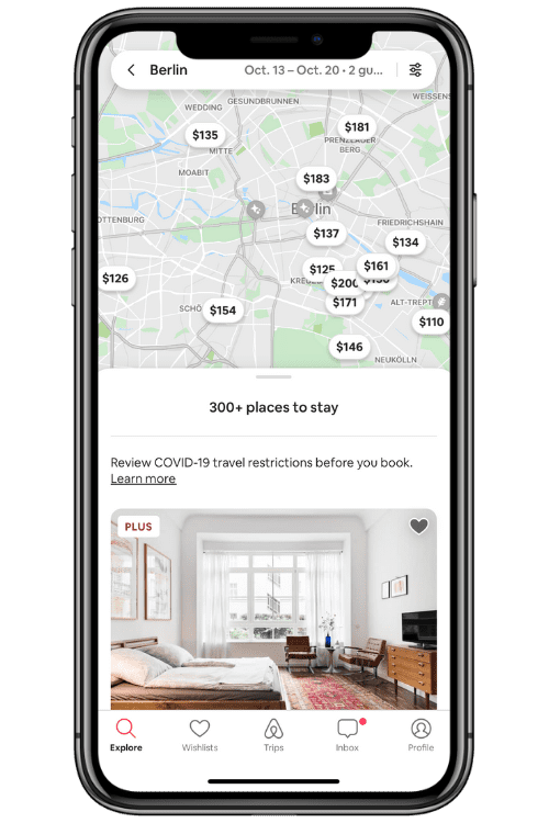 Popular accommodation booking site Airbnb shown on a cellphone