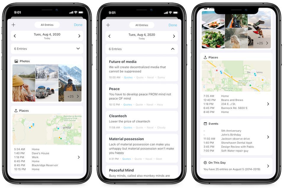 Screenshots showing the Day One Journal app on phone screens
