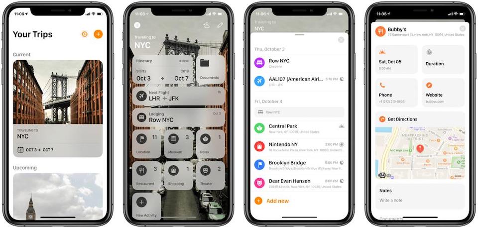 Four cell phones showing different screens of the Tripsy