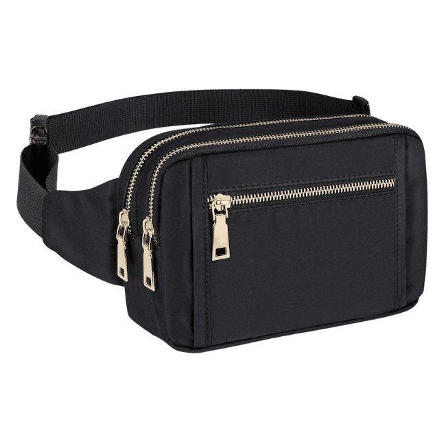 Black travel fanny pack with gold zipper
