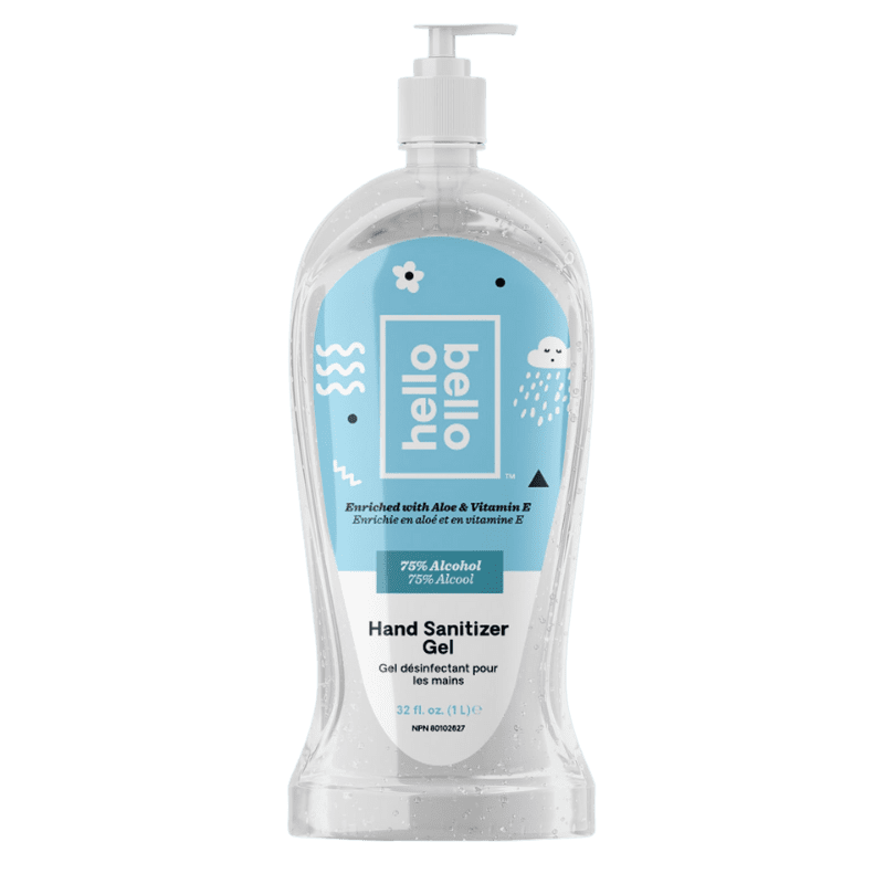 A bottle of Hello Bello Sanitizer