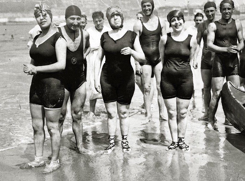 Historical Swimsuits Swimmers on a beach in Spain, 1918
