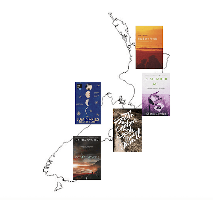 A map of New Zealand featuring five book covers from the country