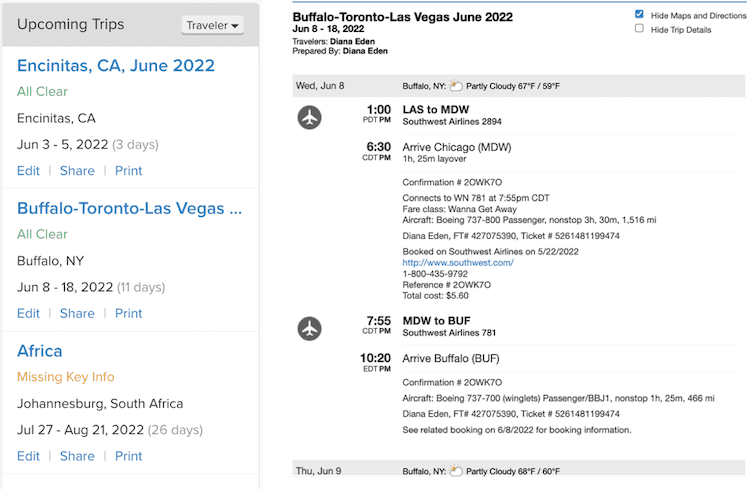 screensots of trip planning with tripit.com