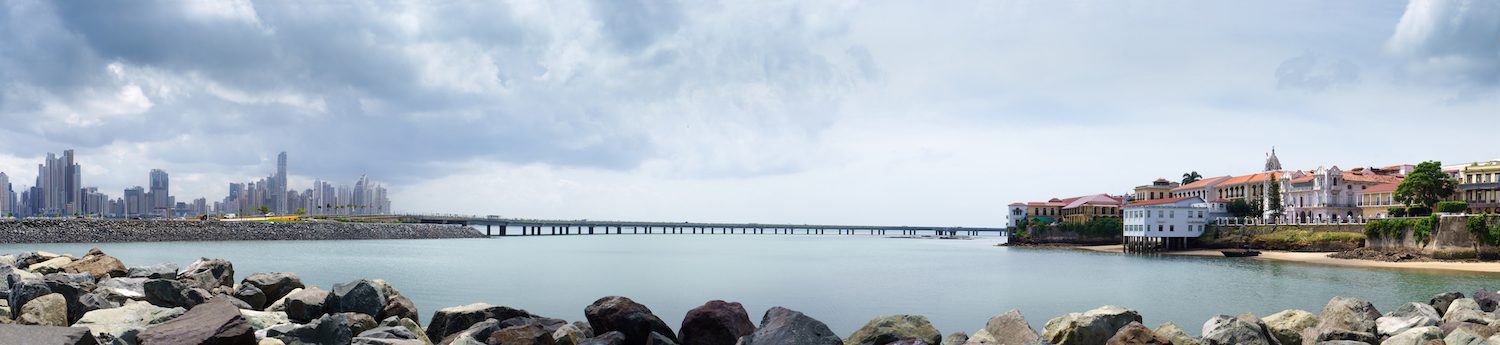 Tourist attractions and destination scenics. Panoramic view of Casco Antiguo, cinta costera and Panama City