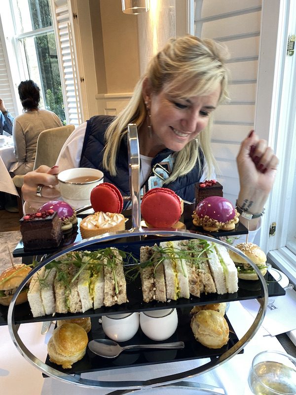 Carolyn enjoys afternoon tea in Bath, UK