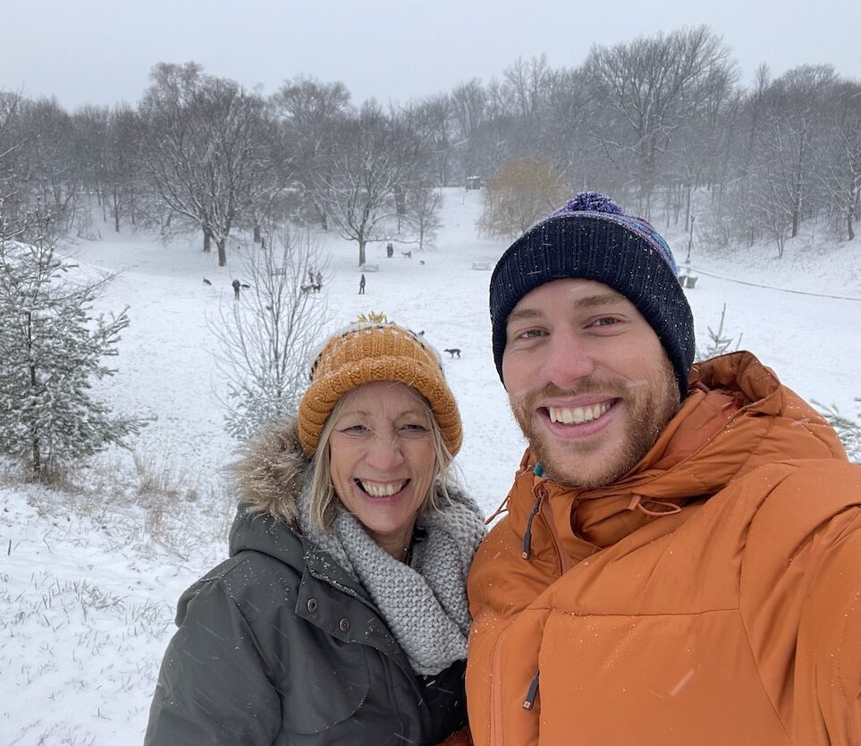 Tom and his mother in a snowy landscape, on one of Intrepids's women-only trips