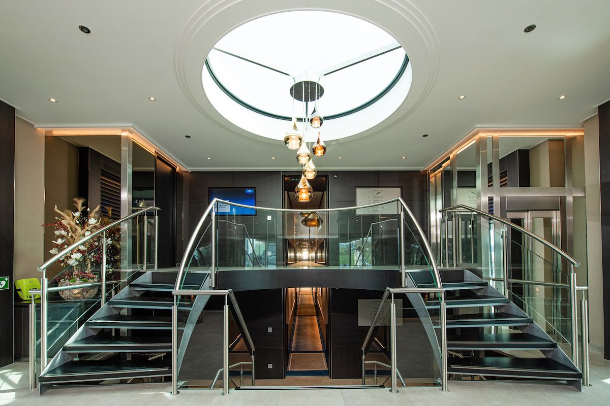 Interior atrium aboard an Avalon river cruise
