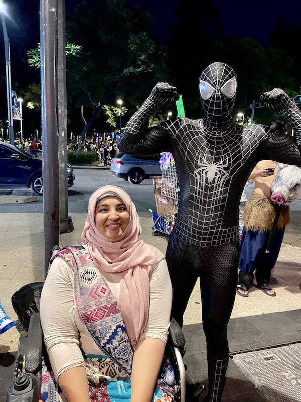 Tanzila Kahn and a man dressed as Spider Man during the Day of the Dead celebrations in Mexico City
