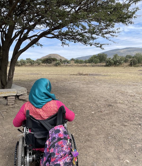 Tanzila Kahn looks out to the ruins in San Juan Teotihuacan