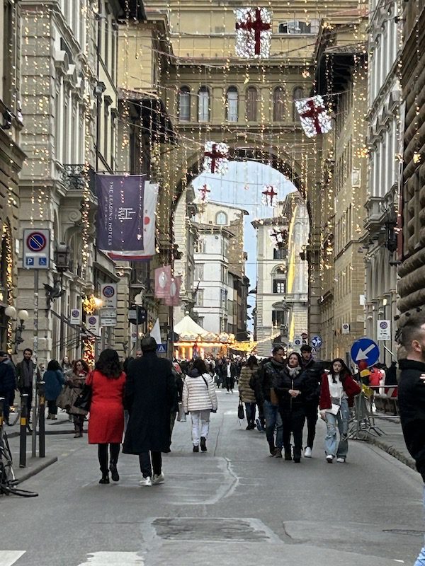 Charming Christmas decorations adorn the streets in Florence, Italy