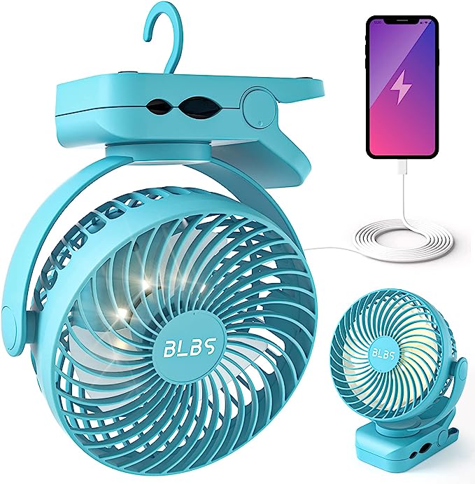 small blue fan connected to a cellphone