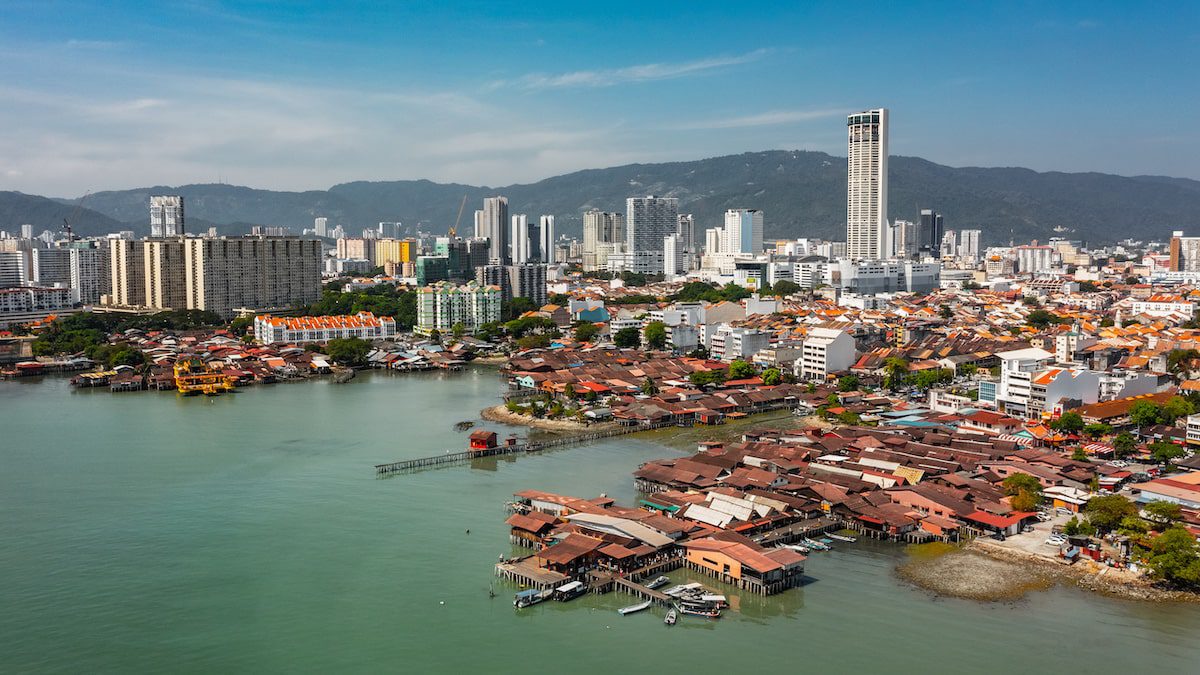 Cityscape of George Town Malaysia from the seashore. Aerial view