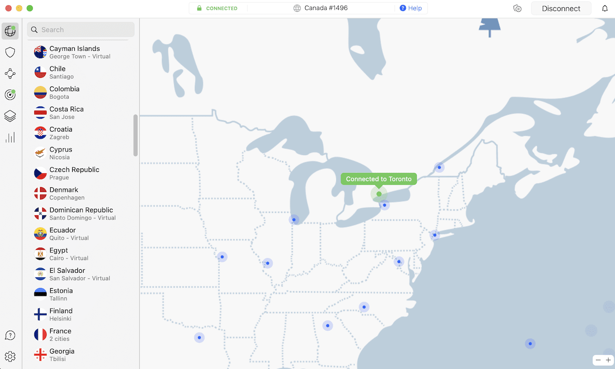 Screenshot showing the NordVPN desktop interface