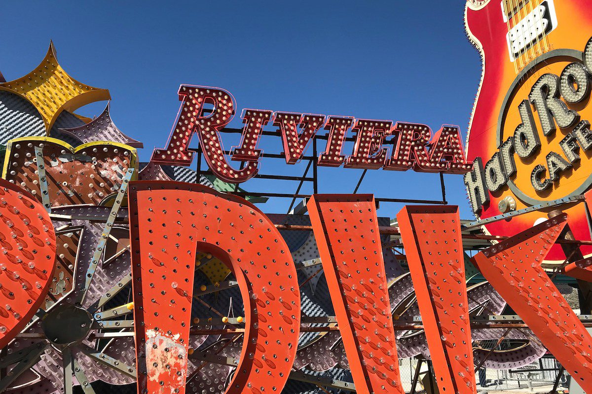 Orange and white love freestanding letters, old Hard Rock Hotel sign at the Neon Museum in Las Vegas
