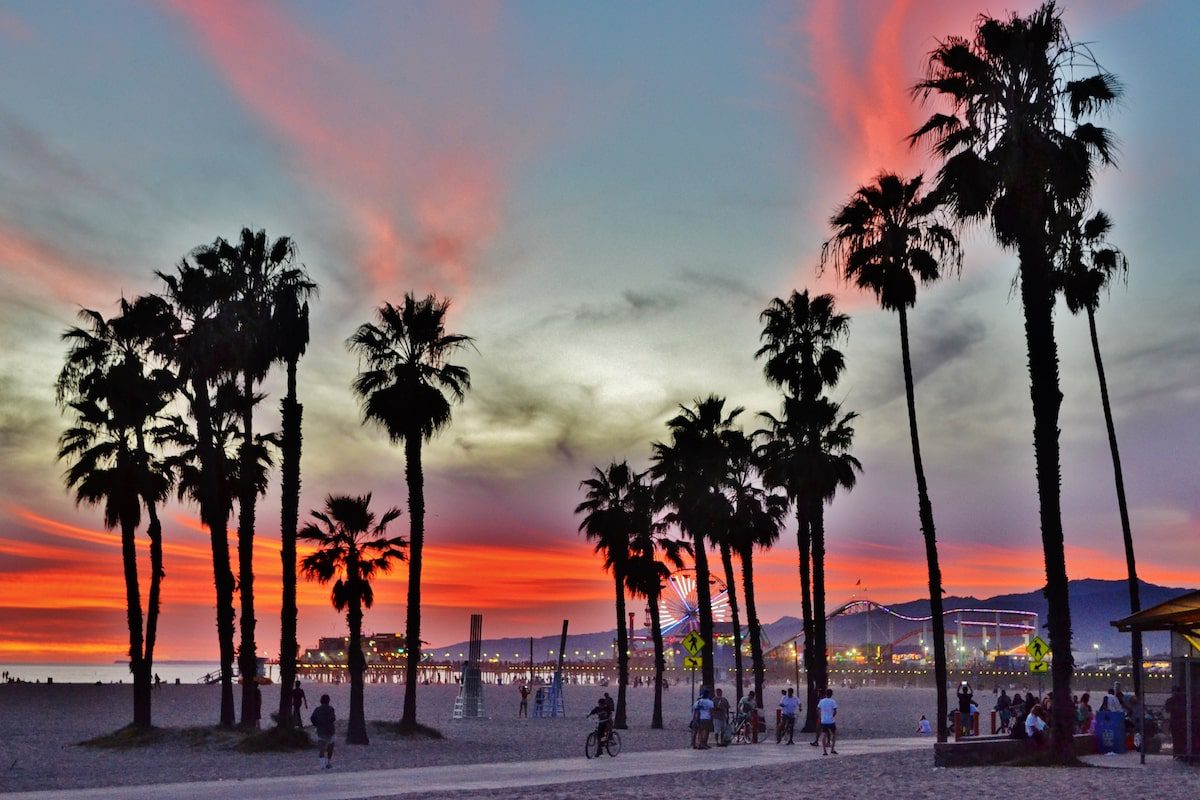 A colourful sunset over Santa Monica, California, with palm trees in the foreground.
