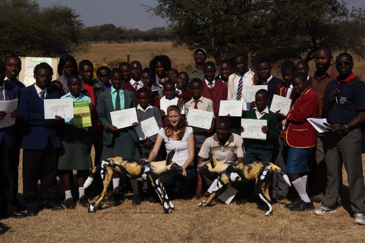 Rosemary Groom with participants attending a workshop on African wild dogs. Credit AWCF