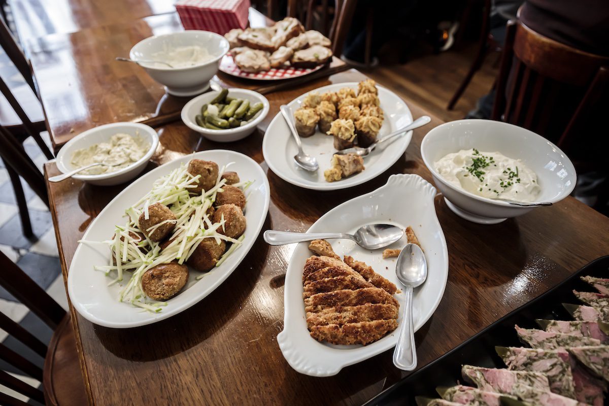 Typical Lyon specialty dishes at a bouchon