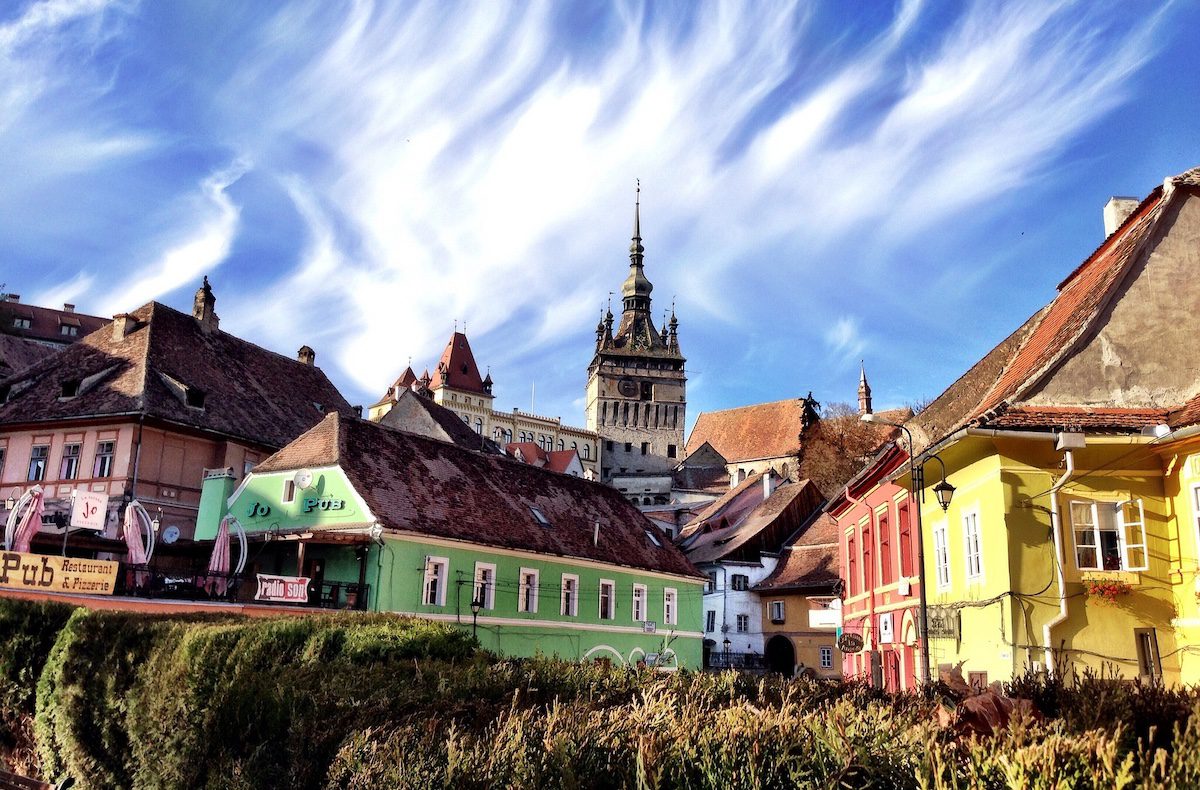 Colourful buildings in Sighisoara seen during a road trip in Romania