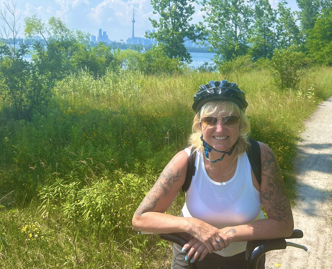 carolyn biking in toronto wearing an oura ring