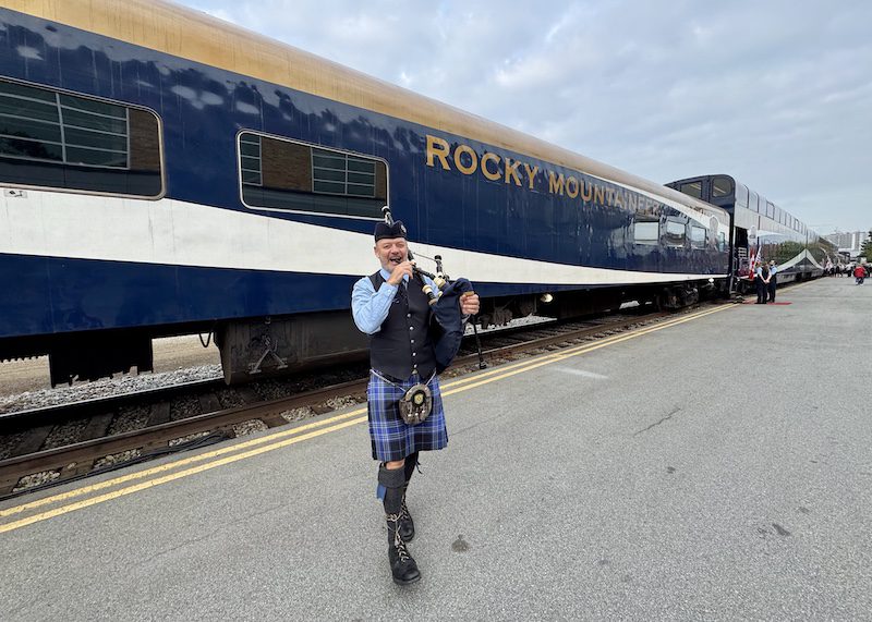 A bagpiper greets Rocky Mountaineer guests in Vancouver