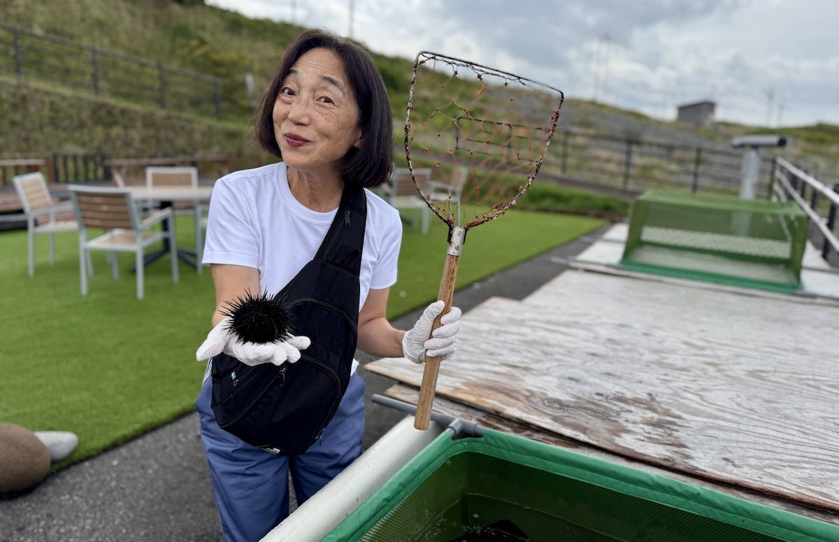 Tour guide Chiyuki Okada at Kamui Seaside Park during a sea urchin experience