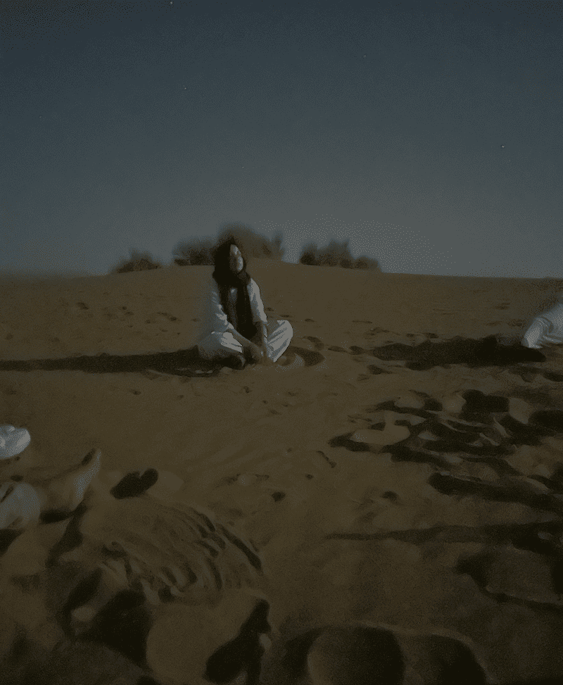 alyx sitting sahara desert morocco