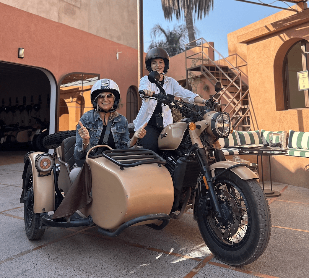 two women on a motorcycle sidecar marrakesh morocco